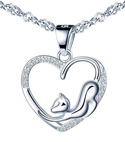 MicLee Damen Halskette 925 Sterling Silber Zirkonia Leeres Herz Katze Anhänger Kette mit Geschenkbeutel Super Geschenk für Paar Pärchen Mutter Tochter von MicLee