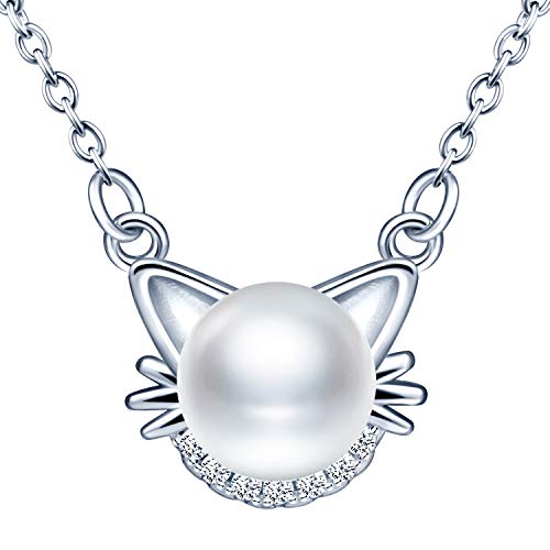 MicLee Damen Halskette 925 Sterling Silber Zirkonia Süße Katze Perlen Anhänger Kette Süßwasser-Zuchtperlen mit Katzenohren Geschenkbeutel Super Geschenk von MicLee