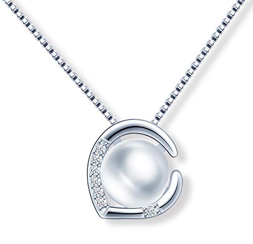 MicLee Damen Halskette 925 Sterling Silber Zirkonia Süße Synthetische Perle Herzanhänger Kette mit Geschenkbeutel Super Geschenk für Paar Pärchen Mutter Tochter von MicLee