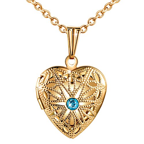 MicLee Damen Halskette Edelstahl Foto Medaillon Photo Bilder Amulett Blau Zirkonia Gold Anhänger Herzkette mit Geschenkbox Grußkarte von MicLee