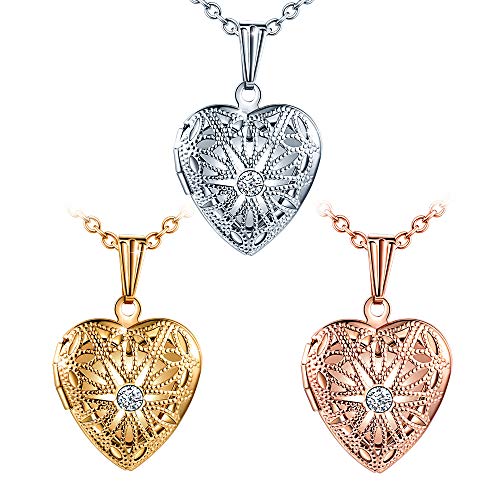 MicLee Damen Halskette Edelstahl Foto Medaillon Photo Bilder Amulett Weiß Zirkonia Silber/Rosegold/Gold Anhänger Herzkette mit Geschenkbox Grußkarte Super Geschenk für Mutter Tochter von MicLee