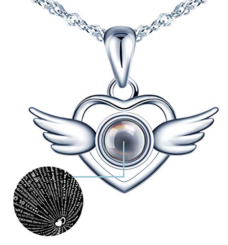 MicLee Damen Halskette I Love You 100 Sprachen Ich Liebe Dich Projektion Love Kette Flügel Herz Anhänger Liebesgeschenk Valentinstag Weihnachten Geschenk für Frau Freundin von MicLee