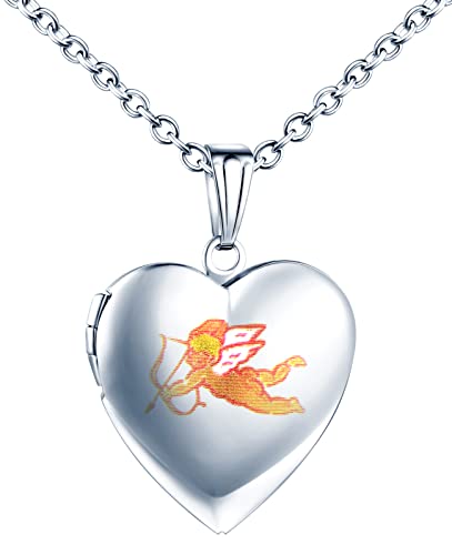 MicLee Damen Kette Foto Amor Herz Medaillon Photo Bilder Amulett Silber Edelstahl Anhänger Halskette mit Geschenkbox Grußkarte, Super Geschenk für Paar Pärchen Mutter Tochter von MicLee