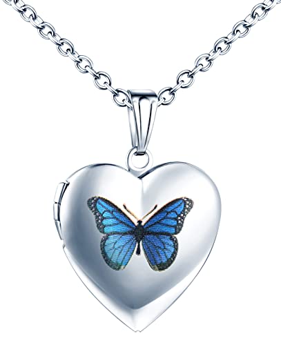 MicLee Damen Kette Foto Blauer Schmetterling Herz Medaillon Photo Bilder Amulett Silber Edelstahl Anhänger Halskette mit Geschenkbox Grußkarte, Super Geschenk für Paar Pärchen Mutter Tochter von MicLee