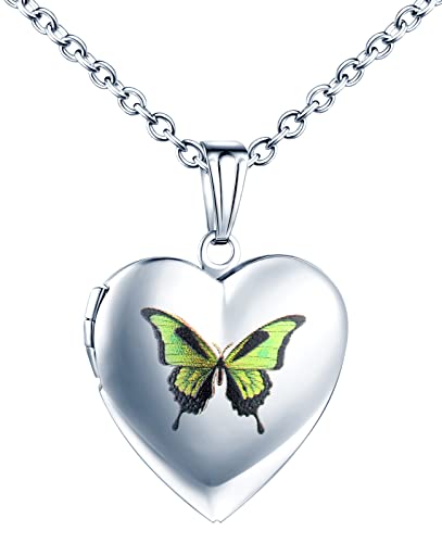 MicLee Damen Kette Foto Grüner Schmetterling Herz Medaillon Photo Bilder Amulett Silber Edelstahl Anhänger Halskette mit Geschenkbox Grußkarte, Super Geschenk für Paar Pärchen Mutter Tochter von MicLee