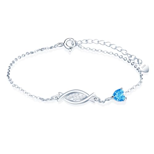 MicLee Damen Mädchen Silber Fische Zirkon Armband Fashion 925 Sterling Silber Sternzeichen Armbänder mit Blaues Herz Zirkon Kreative Sternbild Schmuck Mode Verstellbare Kette Armband von MicLee