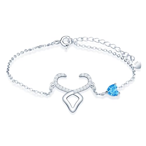 MicLee Damen Mädchen Silber Stier Zirkon Armband Fashion 925 Sterling Silber Sternzeichen Armbänder mit Blaues Herz Zirkon Kreative Sternbild Schmuck Mode Verstellbare Kette Armband von MicLee