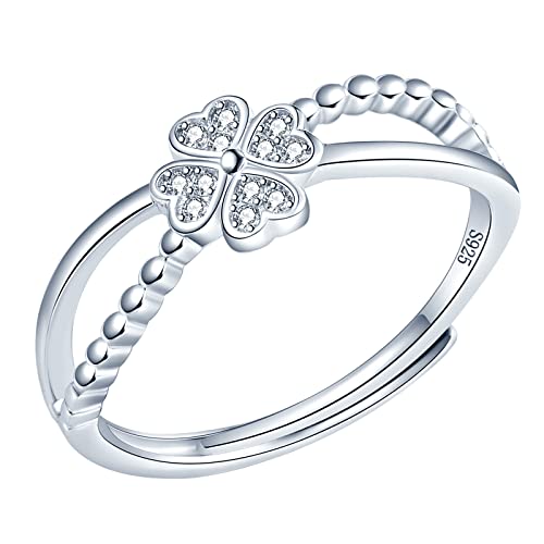 MicLee Damen Hochzeitsringe 925 Sterling Silber Vierblaettriges Kleeblatt Ring Eheringe Verlobungsring Trauringe mit Weiß Zirkonia Partnerring Verstellbare Geschenke Valentinstag Weihnachten von MicLee