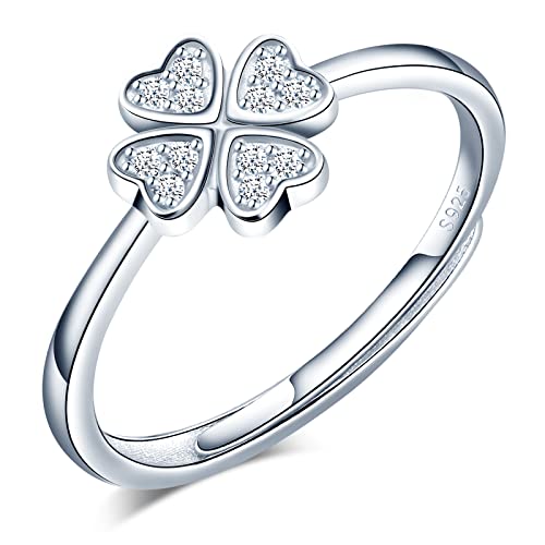 MicLee Damen 925 Sterling Silber Vierblaettriges Kleeblatt Herz Ring Hochzeitsringe Eheringe Verlobungsring Trauringe mit Weiß Zirkonia Partnerring Verstellbare Geschenke Valentinstag Weihnachten von MicLee