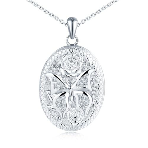 MicLee Damen Schmetterling Kette Anhänger 925 Silber Foto Ovaler Medaillons Silber Photo Halskette Amulett Kreativer Zirkon Schmetterling - Rose Gravur Openable Anhänger von MicLee