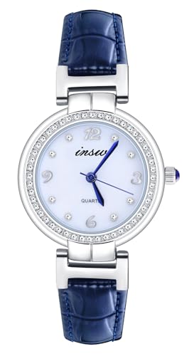 MicLee Damenuhr Analoge Mädchen Minimalistische Armbanduhr mit Diamant-Zifferblatt mit Shell Nieten rundes Zifferblatt Quarzuhr Lederarmband 30 M Wasserdicht von MicLee