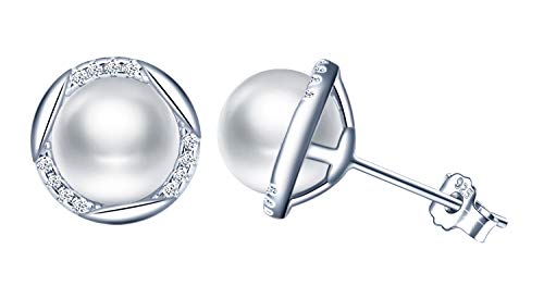 MicLee Einfach Damen Mädchen Perlenohrstecker mit Zirkonia 925 Sterling Silber Ohrringe Perle 7.5mm Süßwasser-Zuchtperlen Ohrstecker Ohrschmuck mit Geschenkbeutel,Super Weihnachten Geschenk von MicLee