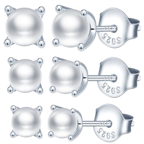 MicLee Fashion Damen Perlen Ohrringe 925 Sterling Silber Vier Krallen Perlen Ohrstecker Mode Mädchen Ohrschmuck 3/4/5mm Set de Drei Paaren (Silber) von MicLee