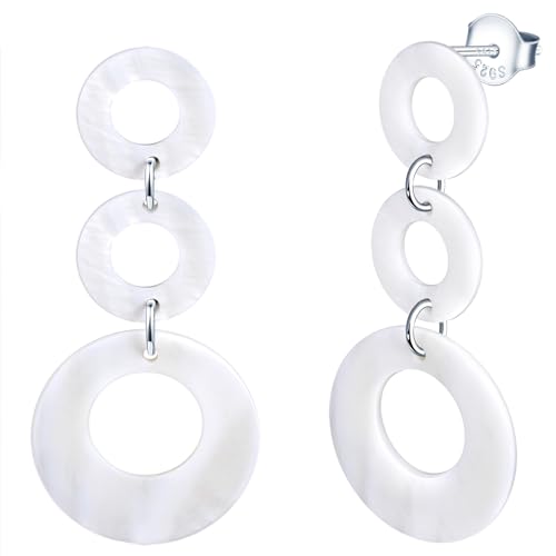 MicLee Fashion Damen Weiße Muschel Ohrringe Ohrhänger 925 Sterling Silber Mädchen Runde Ohrringe Elegante Durchbohrte Lange Ohrhänger Ohrschmuck von MicLee