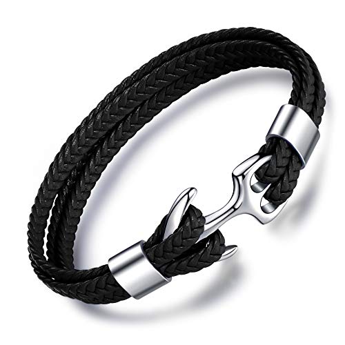 MicLee Herren Anker Armband Fashion Handgefertigt Echtlederarmband mit Edelstahl Graviert mit Geschenk Box für Männer von MicLee