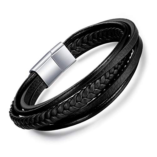 MicLee Herren Armband Echtleder Armbänder Geflochten Magnetverschluss aus Edelstahl für Männer mit Geschenkpackung von MicLee