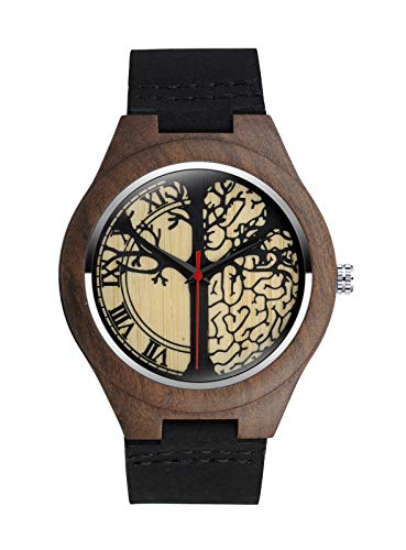 MicLee Herren Damen Unisex Bambus Baum des Lebens Lebensbaum Muster Holzuhr Römische Zahlen Analog Quarzwerk Armbanduhr mit Lederband Für Frauen Männer Geschenke von MicLee