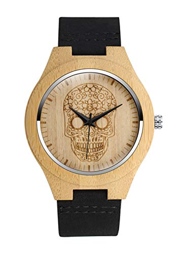 MicLee Herren Damen Unisex Bambus Cool Totenkopf Schädel Holzuhr Analog Quarzwerk Armbanduhr mit Lederband Für Frauen Männer Geschenke von MicLee