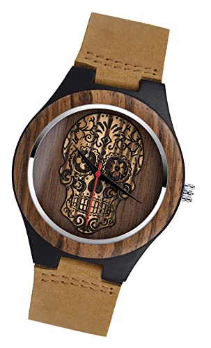 MicLee Herren Einfach Holzuhr Cooles Totenkopf Zifferblatt Analog Quarzwerk Armbanduhr Für Männer Ehemann Geschenke von MicLee