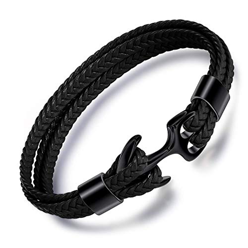 MicLee Herren Handgefertigt Anker Armband Fashion Männlich Echtlederarmband mit Edelstahl Graviert mit Geschenk Box von MicLee