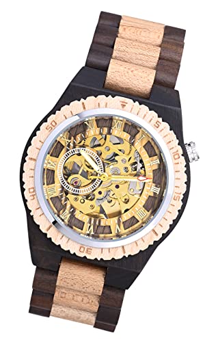 MicLee Herren Holzuhr Aushöhltes mechanisches Naturholz Zifferblatt Analog Quarzwerk Armbanduhr Für Männer Ehemann Geschenke von MicLee