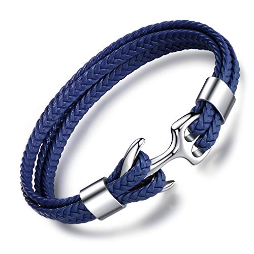 MicLee Herren Anker Armband Fashion Handgefertigt Echtlederarmband mit Edelstahl Graviert mit Geschenk Box für Männer von MicLee