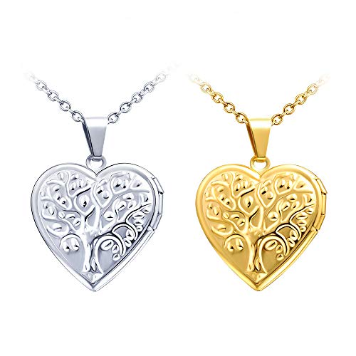 MicLee Herz Medaillon zum Öffnen Baum des Lebens Anhänger Halskette Bilder Foto Amulett Edelstahl Locket Damen Mädchen Modeschmuck Geschenk für Valentinstag Muttertag von MicLee