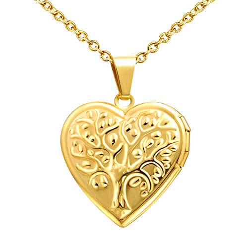 MicLee Herz Medaillon zum Öffnen Baum des Lebens Anhänger Halskette Bilder Foto Amulett Edelstahl Locket Damen Mädchen Modeschmuck Geschenk für Valentinstag Muttertag von MicLee