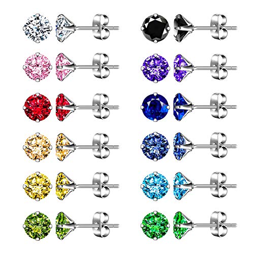 12 Paare Ohrstecker Set Bunt Zirkonia Piercing Ohrring Ohr Schmuck Edelstahl für Damen Mädchen Kinder von MicVivien