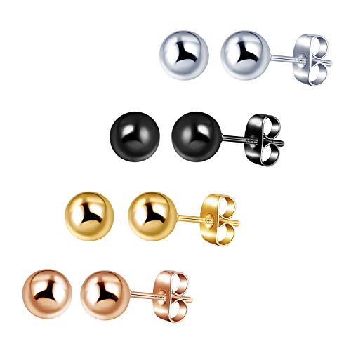 4 Paare Set 6MM Edelstahl Runde Kugel Ohrstecker für Herren Damen Ohrringe Piercing Schmuck von MicVivien