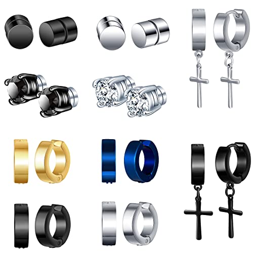 MicVivien 10 Paar Edelstahl Magnetische Ohrringe Männer Clip on Creolen Non-Pierced Ohrringe für Herren Damen Creolen mit Kreuz Creolen Magnet Ohrringe Runde Ohrringe Ohrschmuck Set von MicVivien