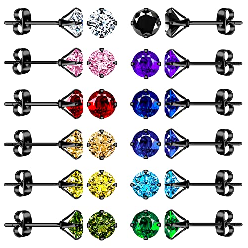 MicVivien 12 Paar Zirkonia Ohrstecker Set aus Edelstahl Schwarz, 4MM/ 6MM/ 8MM Diamant Zirkonia Ohrringe Set Ohr Schmuck für Damen Herren von MicVivien