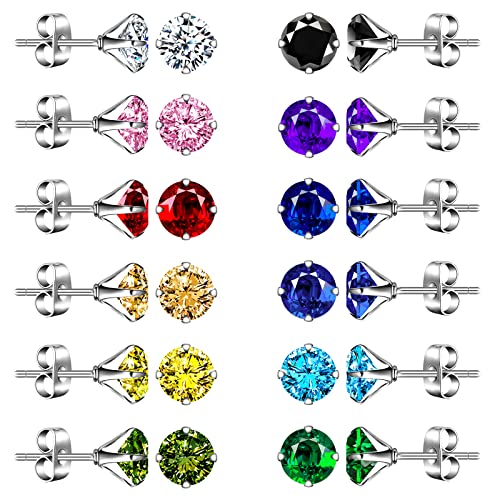 MicVivien 12 Paare Zirkonia Ohrstecker Set aus Edelstahl, 4MM/ 6MM/ 8MM Diamant Schnitt Zirkonia Ohrringe Ohr Schmuck für Damen Herren von MicVivien