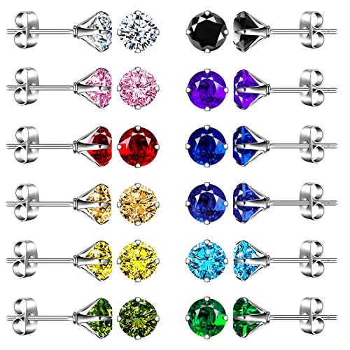 MicVivien 12 Paare Zirkonia Ohrstecker Set aus Edelstahl, 4MM/ 6MM/ 8MM Diamant Schnitt Zirkonia Ohrringe Ohr Schmuck für Damen Herren von MicVivien