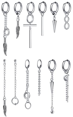 MicVivien 12 Stück Edelstahl Ohrringe Herren Creolen Kpop Punk Ohrringe für Männer Damen Tropfen Baumeln Aufklappbare Ohrringe lange Kette Federblatt Anhänger Huggie Creolen Ohrringe Set von MicVivien
