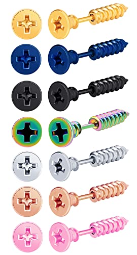 MicVivien 7 Paare Edelstahl Ohrstecker Schrauben Ohrringe Screw Studs Spitze Stecker Fake Plug Taper Piercing Ohrstecker für Herren Damen von MicVivien