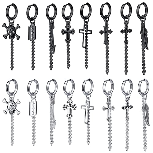 MicVivien 8-17 Stück Punk Kpop Ohrringe Damen Herren Edelstahl Piercing/Nicht Durchbohrte Clip Creolen Mit Anhänger Lange Kette Hängend Ohrringe Set für Männer Frauen Modeschmuck von MicVivien