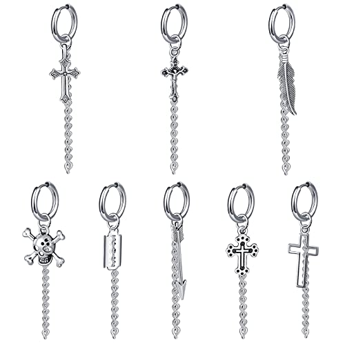 MicVivien 8-17 Stück Punk Kpop Ohrringe Damen Herren Edelstahl Piercing/Nicht Durchbohrte Clip Creolen Mit Anhänger Lange Kette Hängend Ohrringe Set für Männer Frauen Modeschmuck von MicVivien