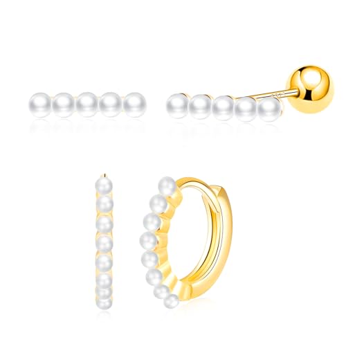 MicVivien 925 Silber Ohrringe mit Perle Minimalistische Kleine Creolen/Stab Bar Basic Ohrstecker Piercing Ohr Ohrringe Gold mit Perlen für Frauen Mädchen Damen Knorpel Huggie Ohrringe Klein von MicVivien