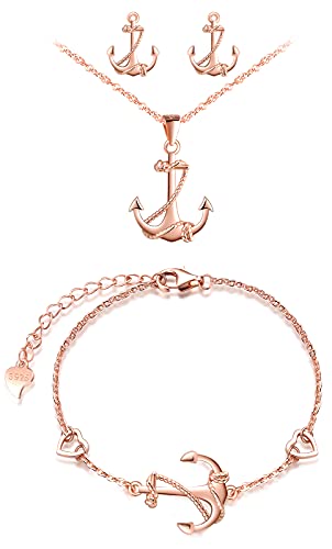 MicVivien 925 Sterling Silber Damen Kette Anker Anhänger Halskette, Anker Ohrstecker Ohrringe Rosegold, Anker Armkette Armband, Damen Schmuckset für Frauen Mädchen Mutter Freundin von MicVivien