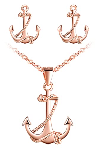 MicVivien 925 Sterling Silber Damen Kette Anker Anhänger Halskette, Anker Ohrstecker Ohrringe Rosegold, Anker Armkette Armband, Damen Schmuckset für Frauen Mädchen Mutter Freundin von MicVivien