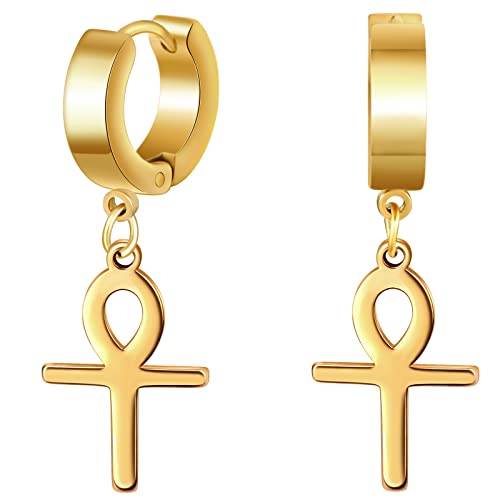 MicVivien Creolen mit Ägyptischen Ankh Kreuz Anhänger Edelstahl Baumeln Ohrringe für Damen Herren Creolen Huggie Ohrpiercing Amulett Ohrschmuck von MicVivien