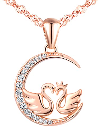 MicVivien Damen Kette mit Liebe Schwäne Mond Anhänger in 925 Sterling Silber Frauen Mädchen Zirkonia Halbmond Halskette Roségold von MicVivien