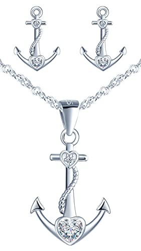 MicVivien Damen Schmuckset 925 Sterling Silber Anker Anhänger mit AAA Herzform Zirkonia, Anker Zirkonia Ohrringe/Armband/Halskette Set für Frauen Mädchen Mutter Freundin von MicVivien