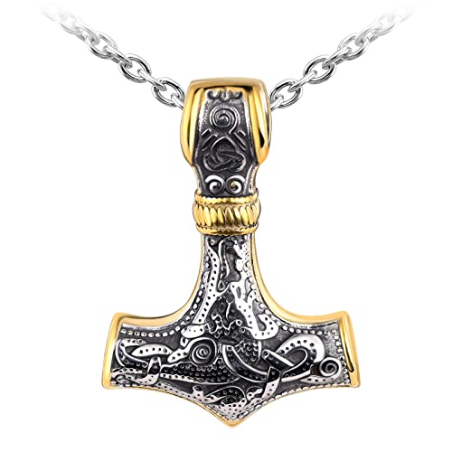 MicVivien Edelstahl Viking Thors Hammer Kette mit Wikinger Vegvisir Anhänger Mjölnir Halskette Glück Amulett Schmuck für Herren Männer Jungen von MicVivien