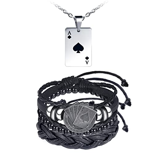 MicVivien Herren Kette Pik-Ass Spielkarte Anhänger Männer Halskette, Herrenarmband Royal Flush Poker Karten Lederarmband, Glück Amulett Gamblers Schmuck für Männer Jungen von MicVivien