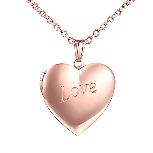 MicVivien Herz Medaillon zum Öffnen personalisierte Photo Bilder Herz Anhänger Halskette Einfach/Love/doppeltes Herz Muster Herzanhänger Amulett Halskette mit 50cm Kette für Herren Damen Roségold von MicVivien