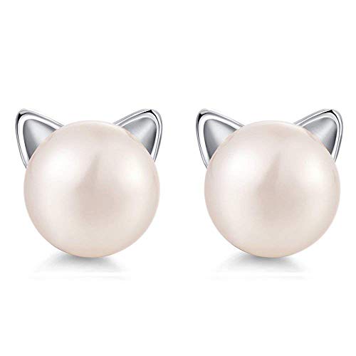 MicVivien Katze Ohrringe 925 Sterlingsilber-Katze Ohrstecker mit Perle 7.5mm Perlen katze ohrringe für mädchen von MicVivien