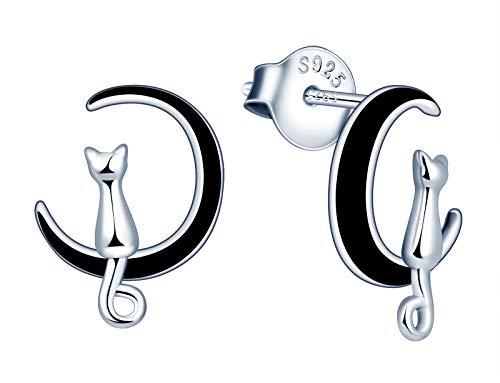 MicVivien Katze auf dem Mond Ohrringe Ohrstecker aus 925 Sterling Silber Schwarzer Mond Silber Süße Katze Damen Ohrschmuck für Frauen Mädchen von MicVivien