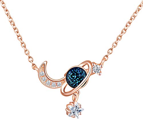 MicVivien Kette Damen 925 Silber Zirkonia Blau Planet Mond Sterne Ketten mit Anhänger Elegant Halskette für Frauen Mädchen, 17" Verstellbare Kette von MicVivien